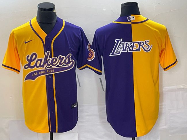 Men's Los Angeles Lakers Gold/Purple Split Team Big Logo Cool Base Stitched Baseball Jersey